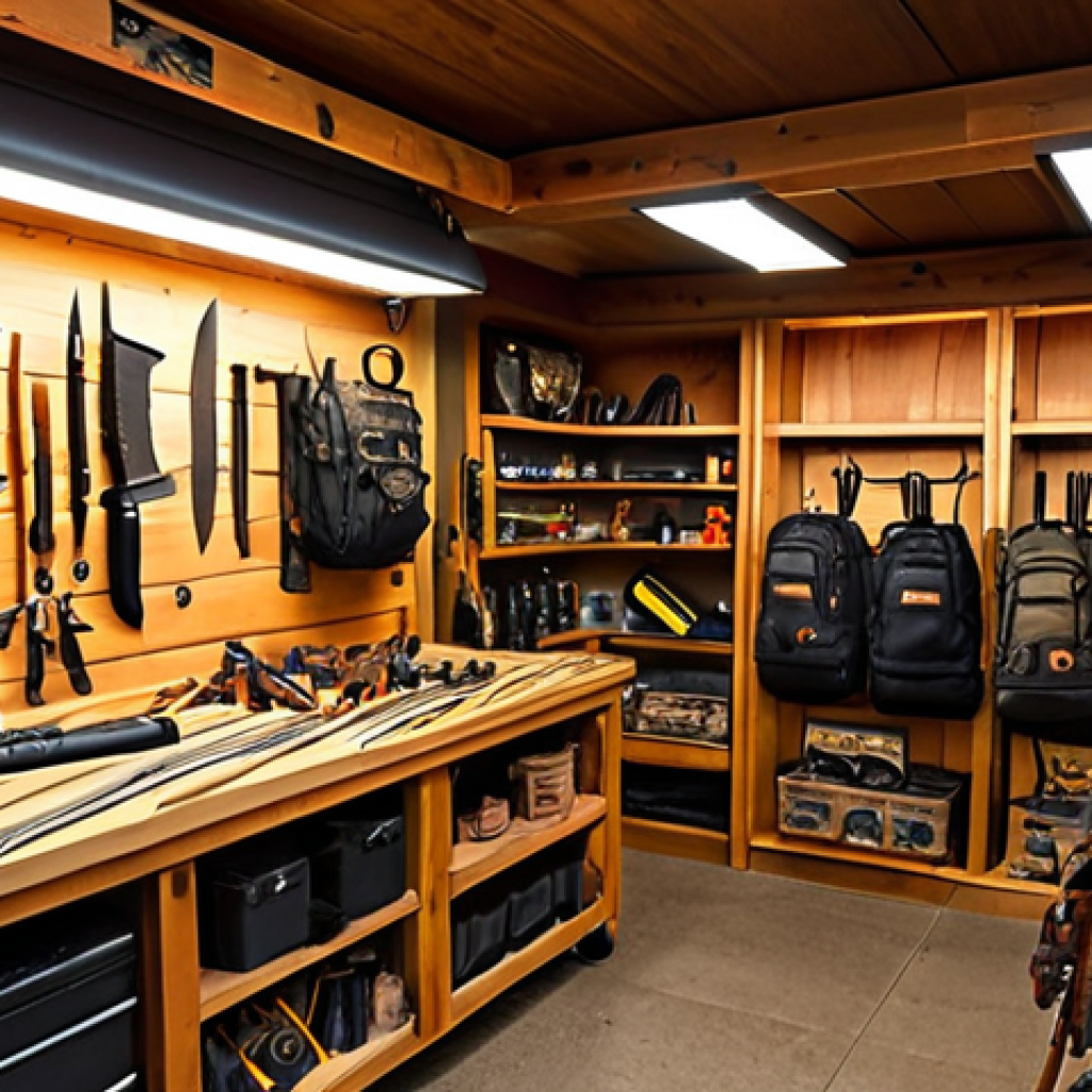 **A well-stocked survival gear specialty shop interior. Focus on high-quality knives, multi-tools, and sturdy backpacks. Warm, inviting lighting. Emphasize expertise and preparedness.**
