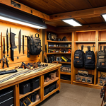 **A well-stocked survival gear specialty shop interior. Focus on high-quality knives, multi-tools, and sturdy backpacks. Warm, inviting lighting. Emphasize expertise and preparedness.**