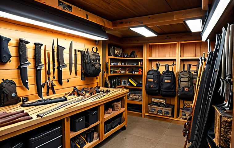 **A well-stocked survival gear specialty shop interior. Focus on high-quality knives, multi-tools, and sturdy backpacks. Warm, inviting lighting. Emphasize expertise and preparedness.**