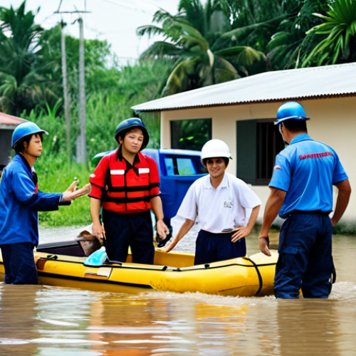 Home 14 **
A diverse team of fully clothed Vietnamese volunteers in appropriate attire, participating in a disaster preparedness training exercise. They are learning first aid techniques and practicing rescue skills in a safe, simulated environment with mock flooded houses. Background includes emergency vehicles and training equipment. "Safe for work," "appropriate content," "family-friendly," perfect anatomy, correct proportions, professional photography, high quality.
**