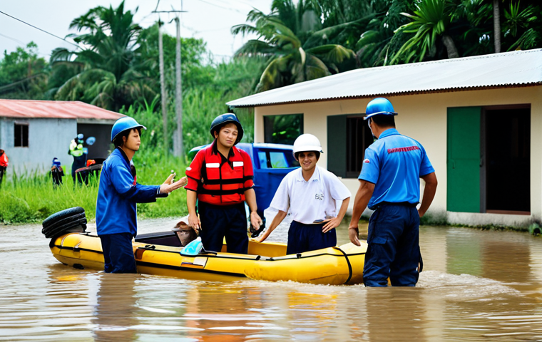 **

A diverse team of fully clothed Vietnamese volunteers in appropriate attire, participating in a disaster preparedness training exercise. They are learning first aid techniques and practicing rescue skills in a safe, simulated environment with mock flooded houses. Background includes emergency vehicles and training equipment. "Safe for work," "appropriate content," "family-friendly," perfect anatomy, correct proportions, professional photography, high quality.

**
